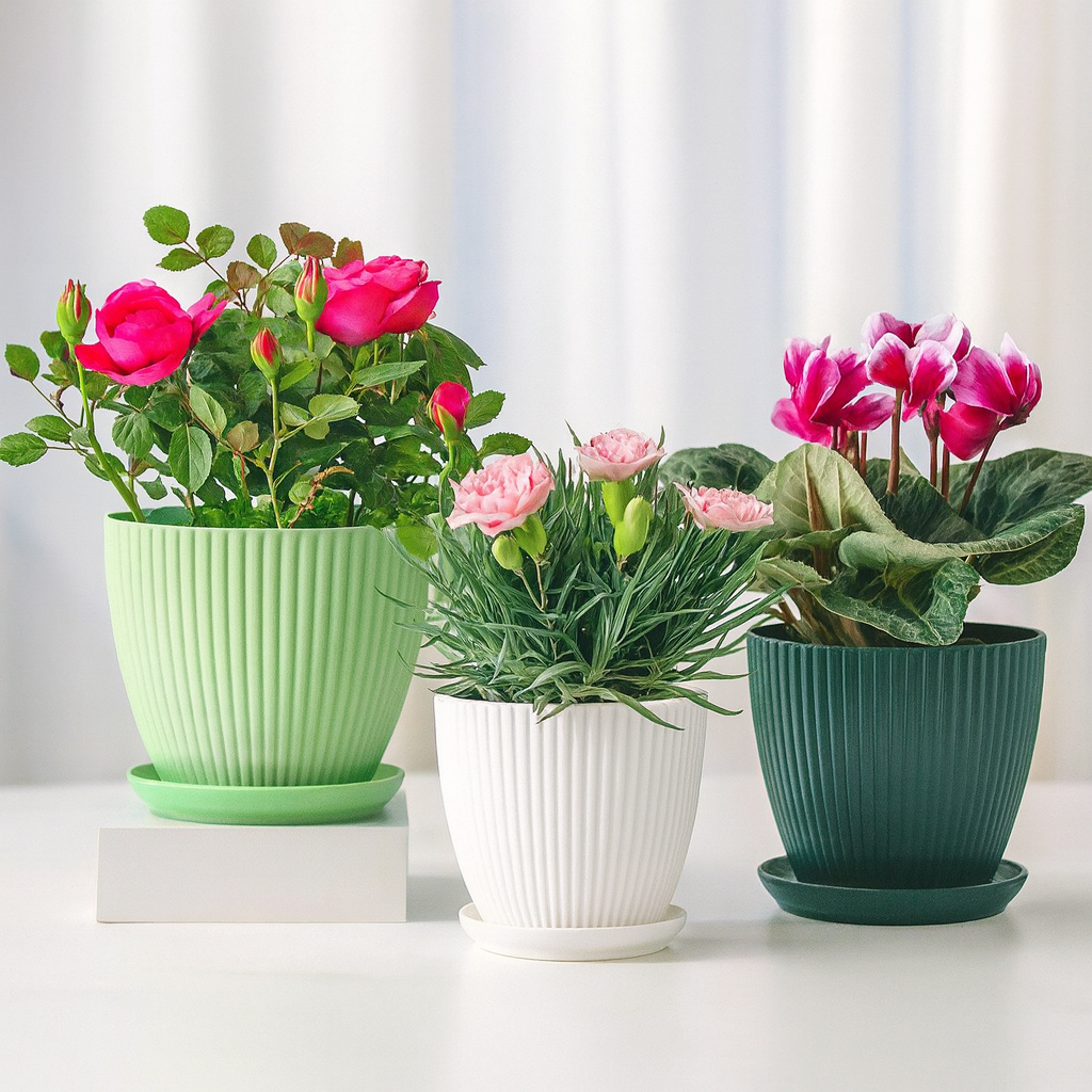 Round Plastic Flower Pots with Tray – 5 Sizes