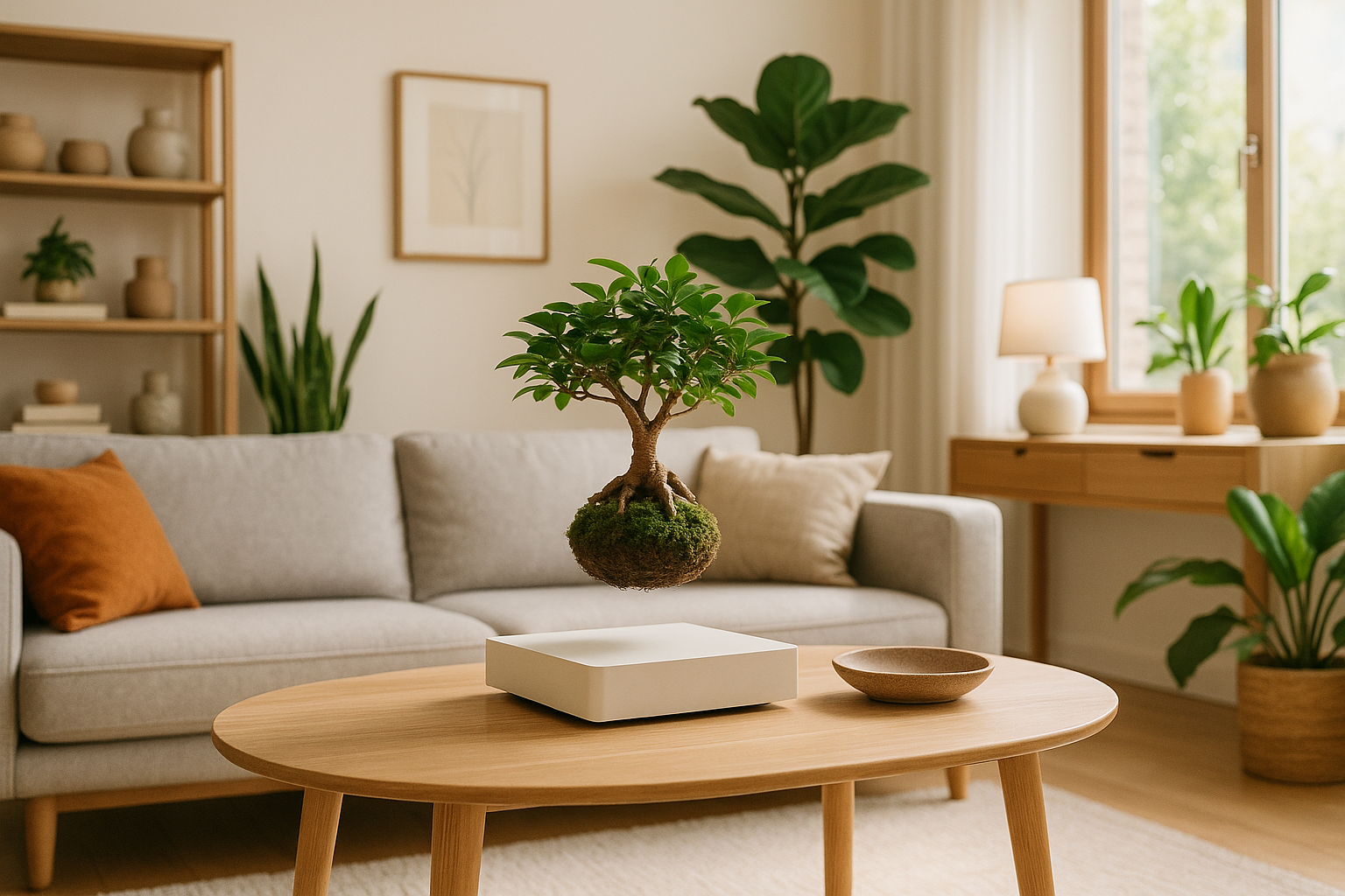 A modern, cozy, and stylish living room interior showcasing contemporary home decor with natural elements, vibrant indoor plants, and a clean, bright aesthetic. Include a floating air bonsai pot as a centerpiece on a sleek coffee table. Soft natural lighting coming through large windows, wooden accents, modern furniture, and minimalistic design. Ultra-realistic, high-resolution, warm and inviting, suitable for an e-commerce home page, professional, lifestyle photography style